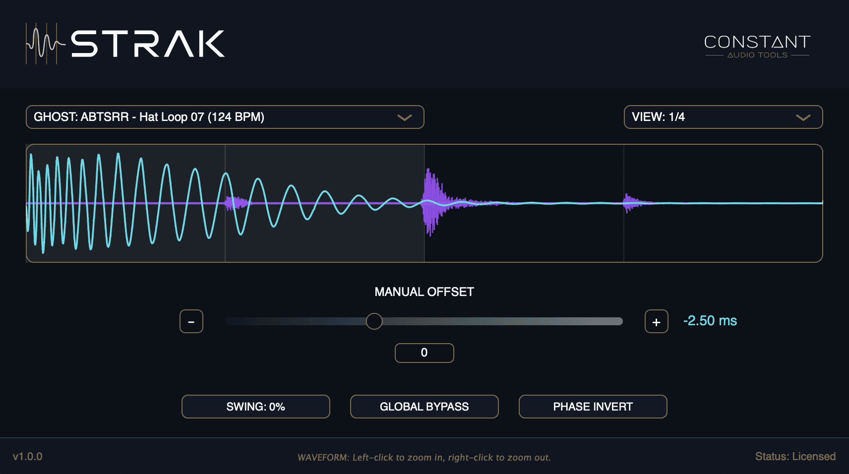 STRAK plugin interface — waveform display, Analyze, Swing, Manual Offset, and Phase Invert